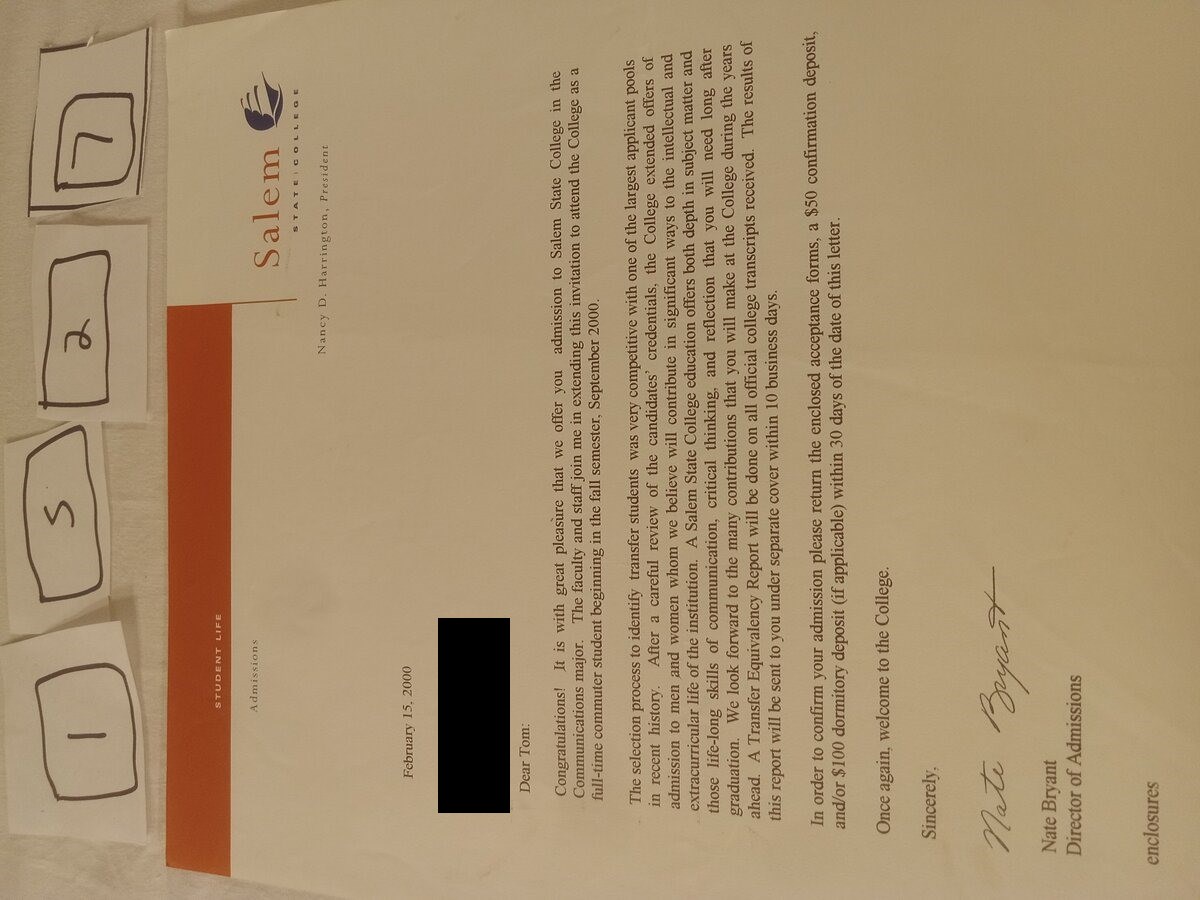 Item 1527 — Salem State College Acceptance Letter And Transfer Office Letter, picture 1 of 3