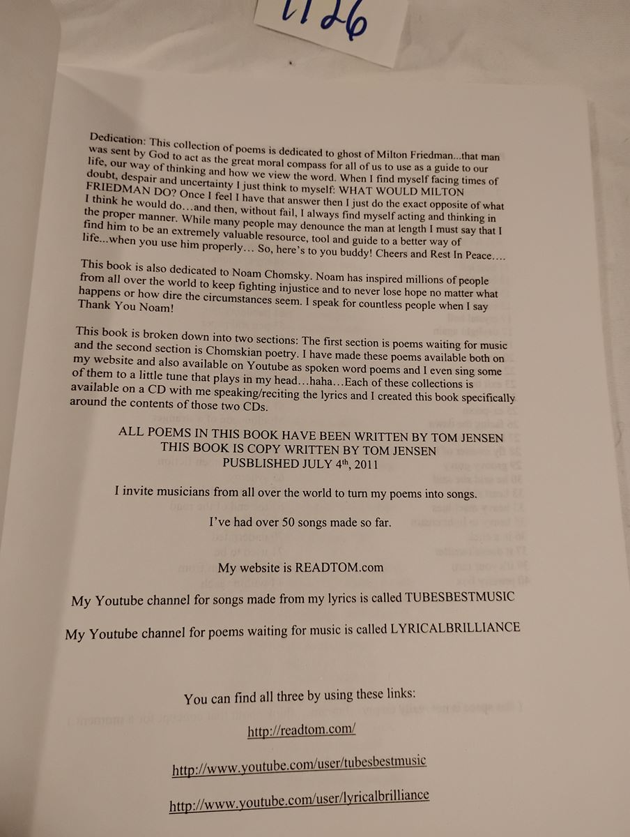 Item 1126 — CHOMSKIAN POETRY / SPOKEN WORD POETRY (WHITE BOOKLET, PUBLISHED JULY 4TH 2011), picture 2 of 6