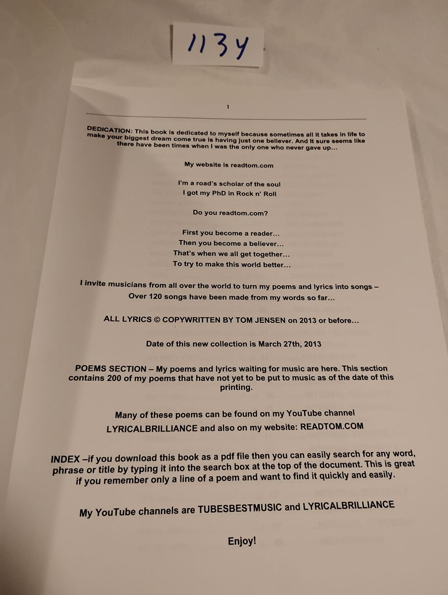 Item 1134 — LYRICS TO 200 POEMS THAT WOULD MAKE FOR GOOD SONGS (COPY 1 OF 2), picture 2 of 3