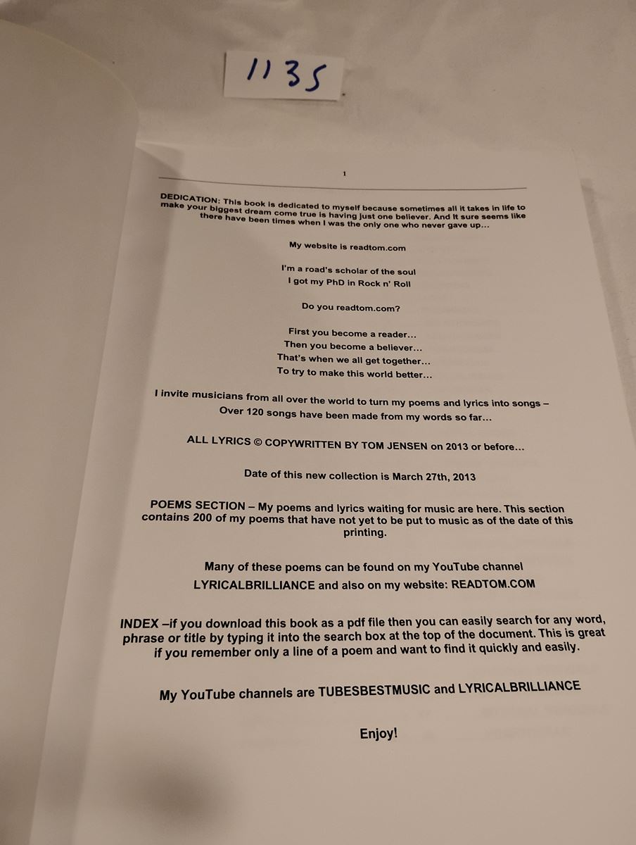 Item 1135 — LYRICS TO 200 POEMS THAT WOULD MAKE FOR GOOD SONGS (COPY 2 OF 2), picture 2 of 4