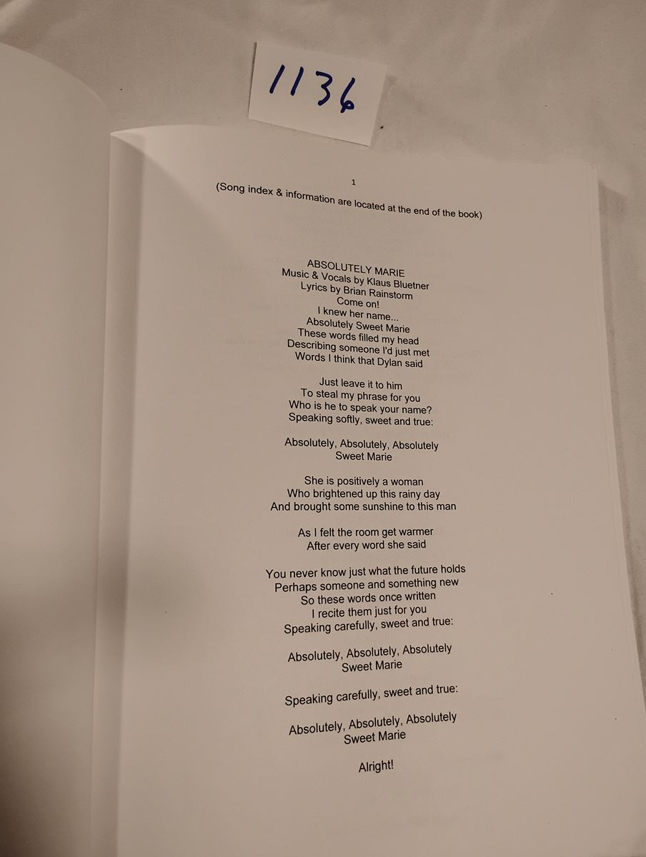 Item 1136 — BRIAN RAINSTORM'S SONG LYRIC BOOK (130 SONGS) (COPY 1 OF 2), picture 2 of 4