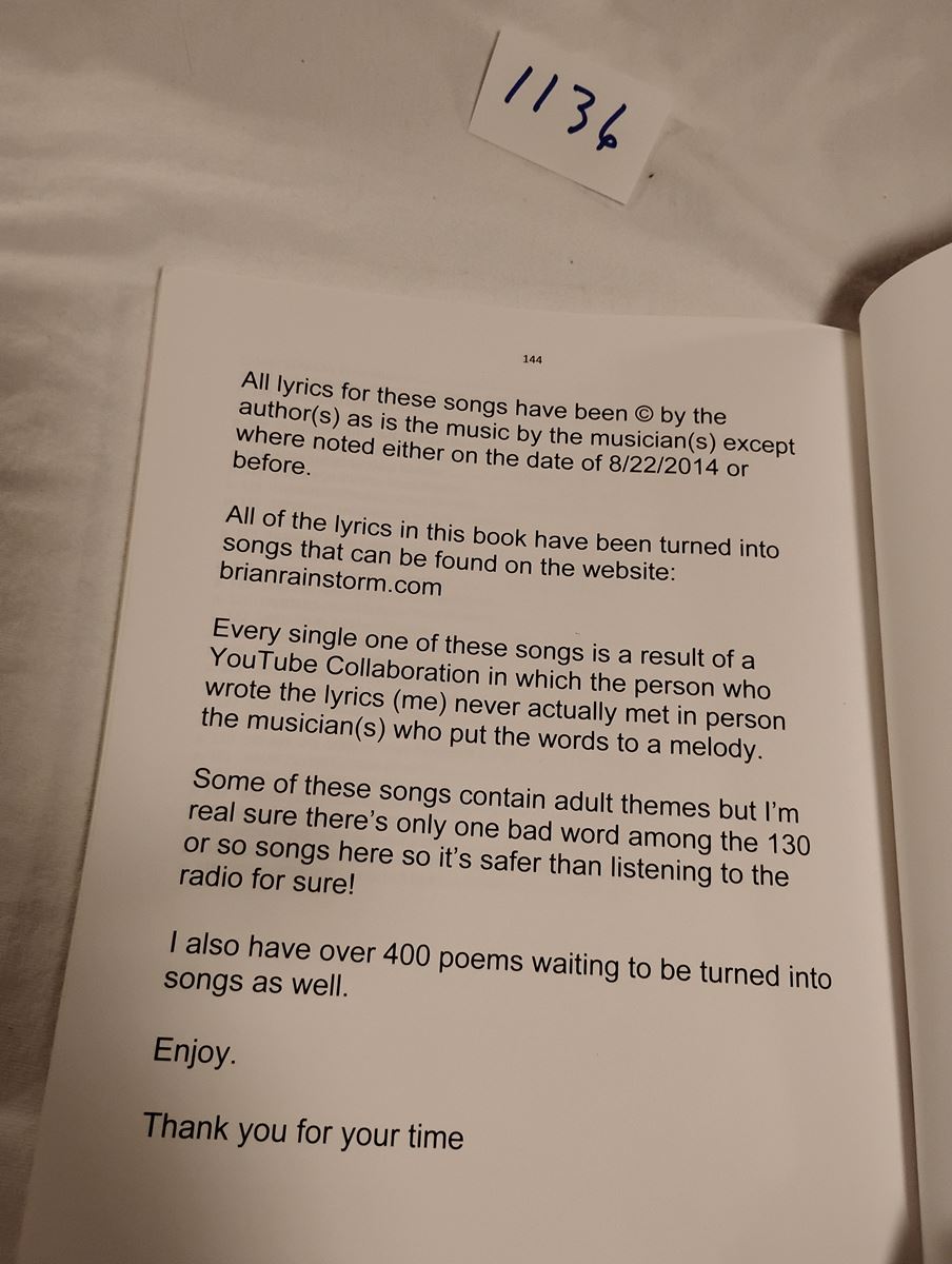 Item 1136 — BRIAN RAINSTORM'S SONG LYRIC BOOK (130 SONGS) (COPY 1 OF 2), picture 3 of 4
