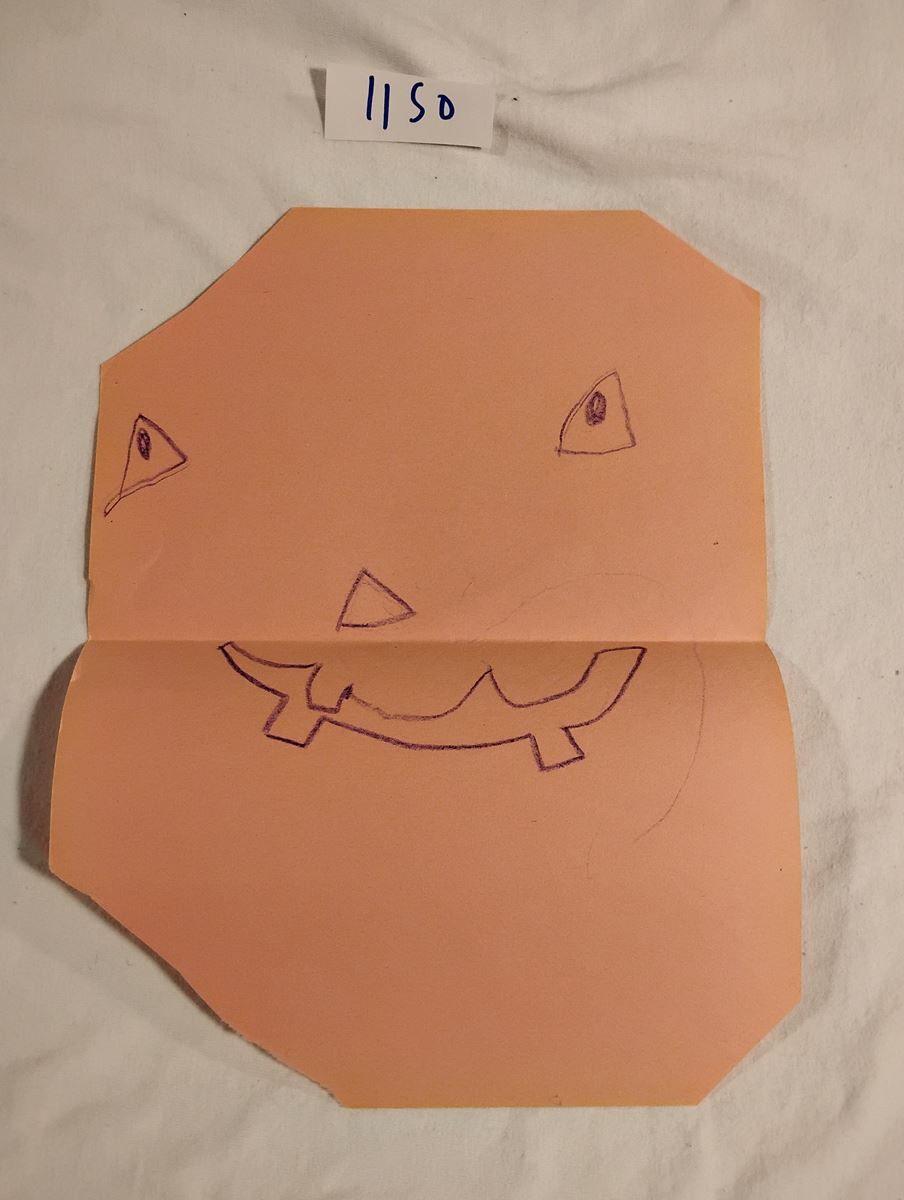 Item 1150 — FOUR CRAYON DRAWINGS: PUMPKIN FACE, RAINBOW, TREE, BIRD, picture 2 of 5