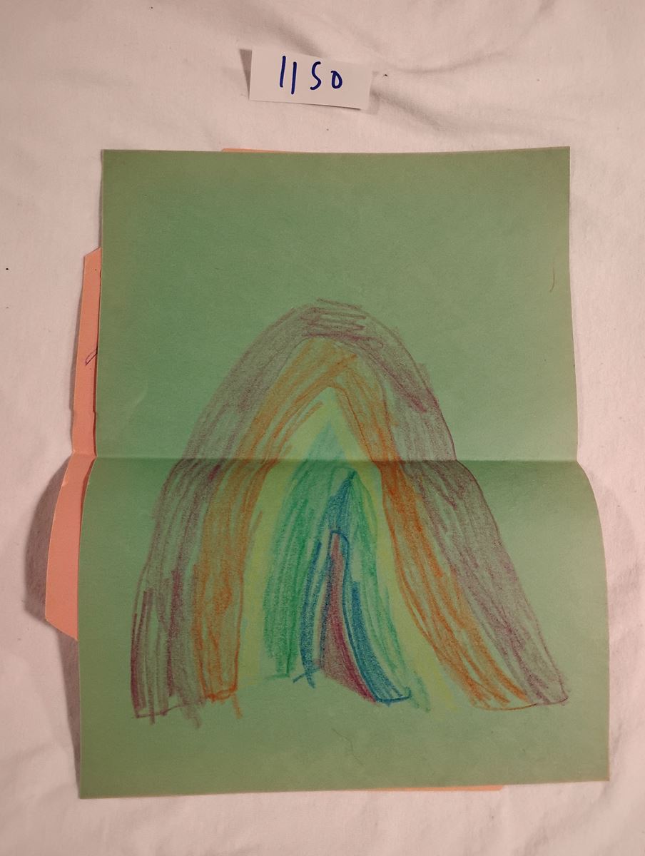 Item 1150 — FOUR CRAYON DRAWINGS: PUMPKIN FACE, RAINBOW, TREE, BIRD, picture 3 of 5