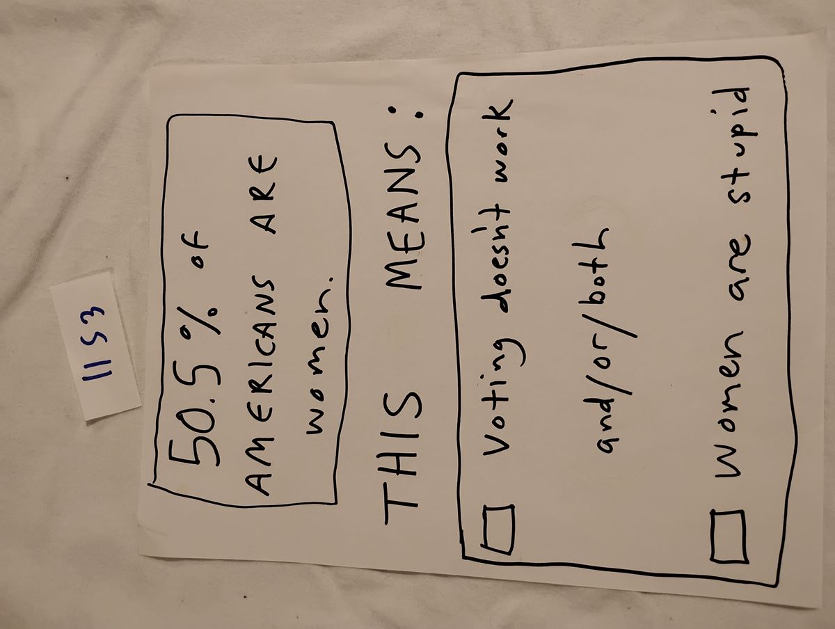 Item 1153 — 50.5% OF AMERICANS ARE WOMEN - HAND-LETTERED JOKE SIGN, picture 1 of 1