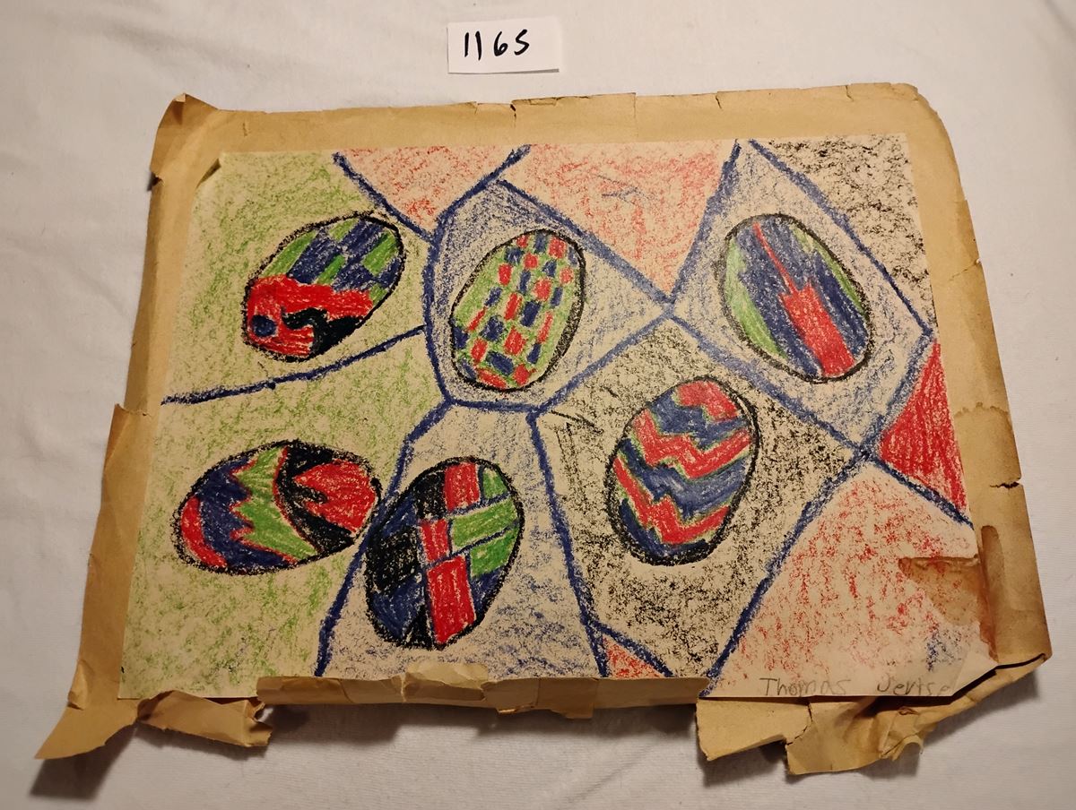 Item 1165 — SIX PATTERNED EGGS - CRAYON DRAWING, picture 1 of 1