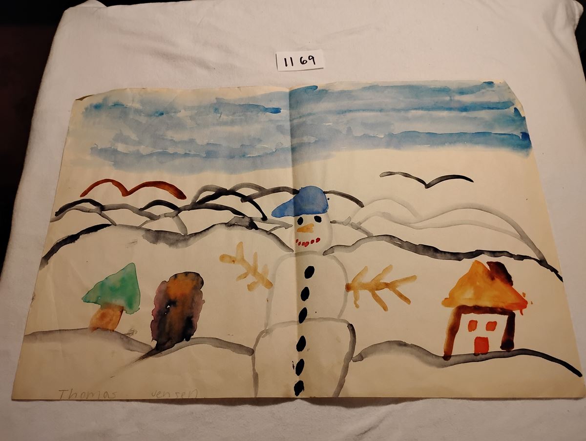 Item 1169 — SNOWMAN, HILLS AND A HOUSE - WATERCOLOUR, picture 1 of 1