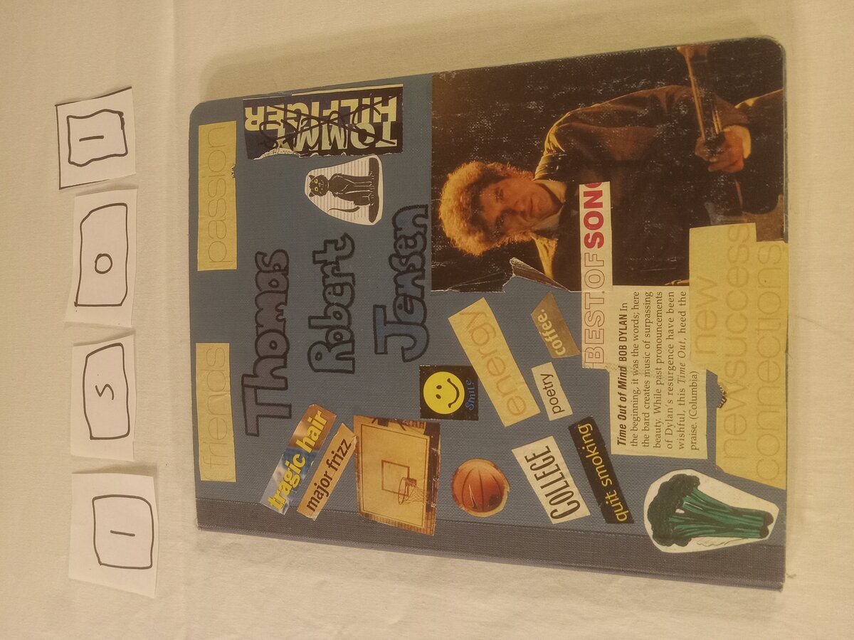 Item 1501 — COLLAGE-COVERED YELLOW NOTEBOOK - LOVE IS DEAD / MOW YOUR GOAT, picture 4 of 5