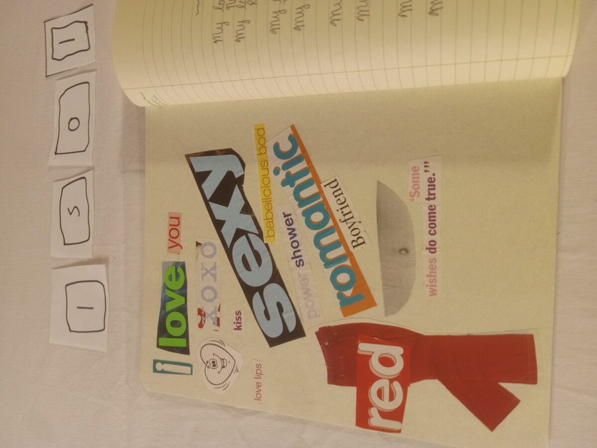 Item 1501 — COLLAGE-COVERED YELLOW NOTEBOOK - LOVE IS DEAD / MOW YOUR GOAT, picture 5 of 5