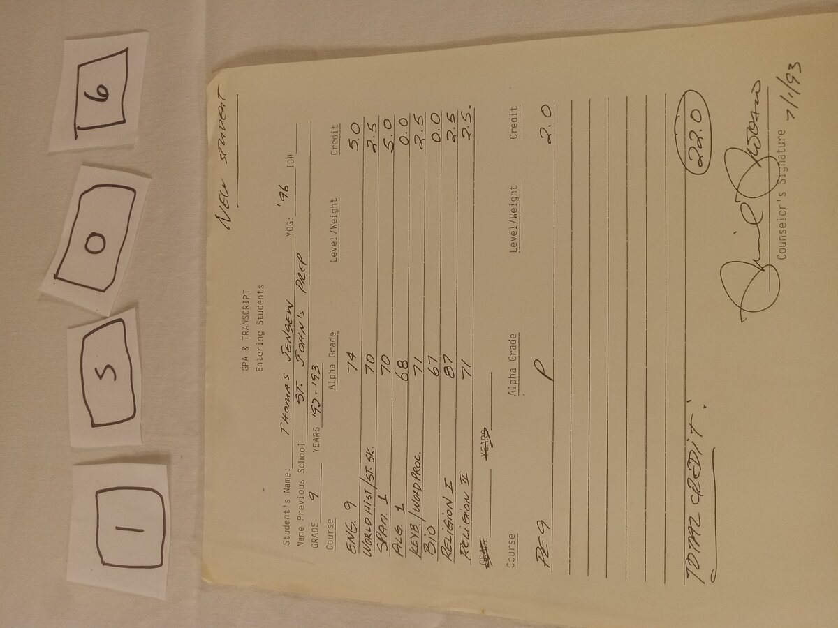 Item 1506 — ST. JOHN'S PREP GPA & TRANSCRIPT 1992-93, picture 1 of 2