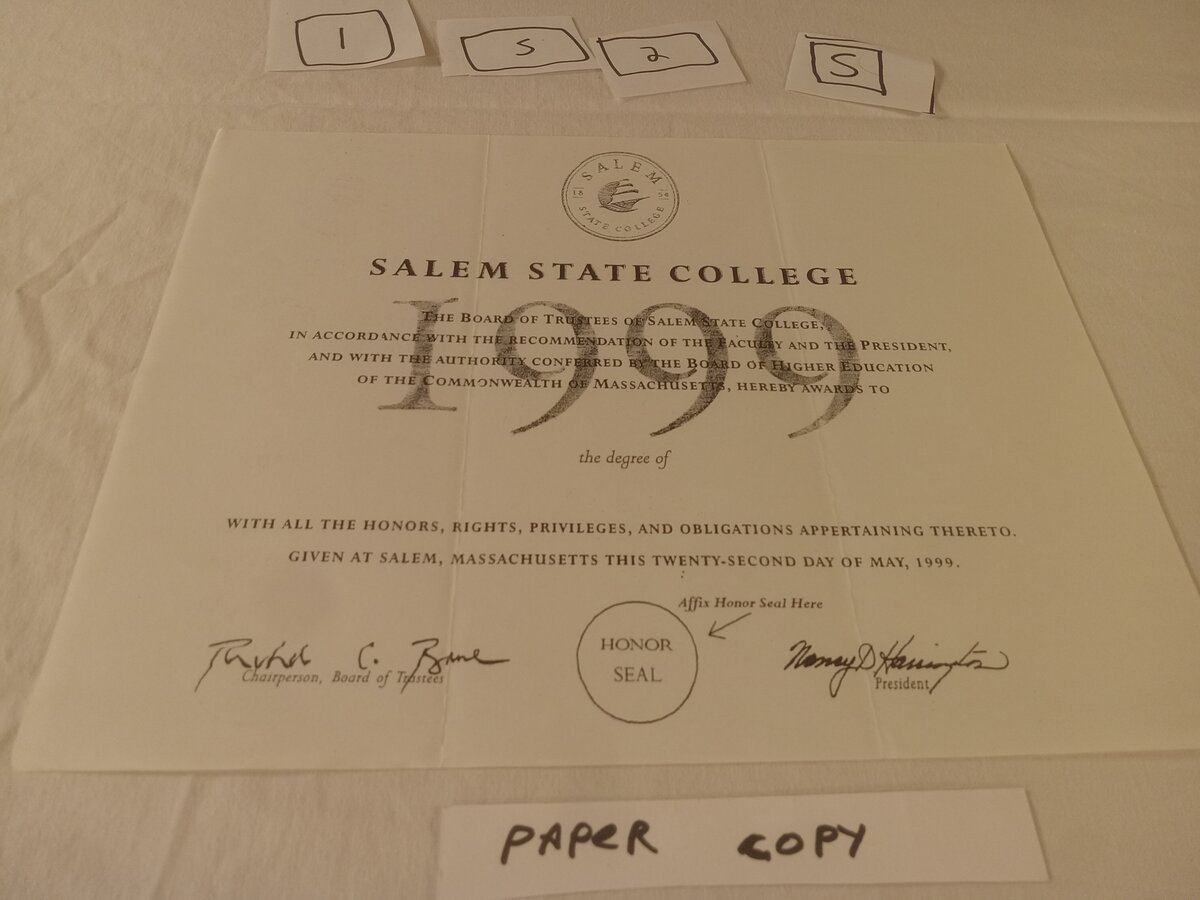 Item 1525 — Salem State College Diploma (Paper Copy), picture 1 of 1