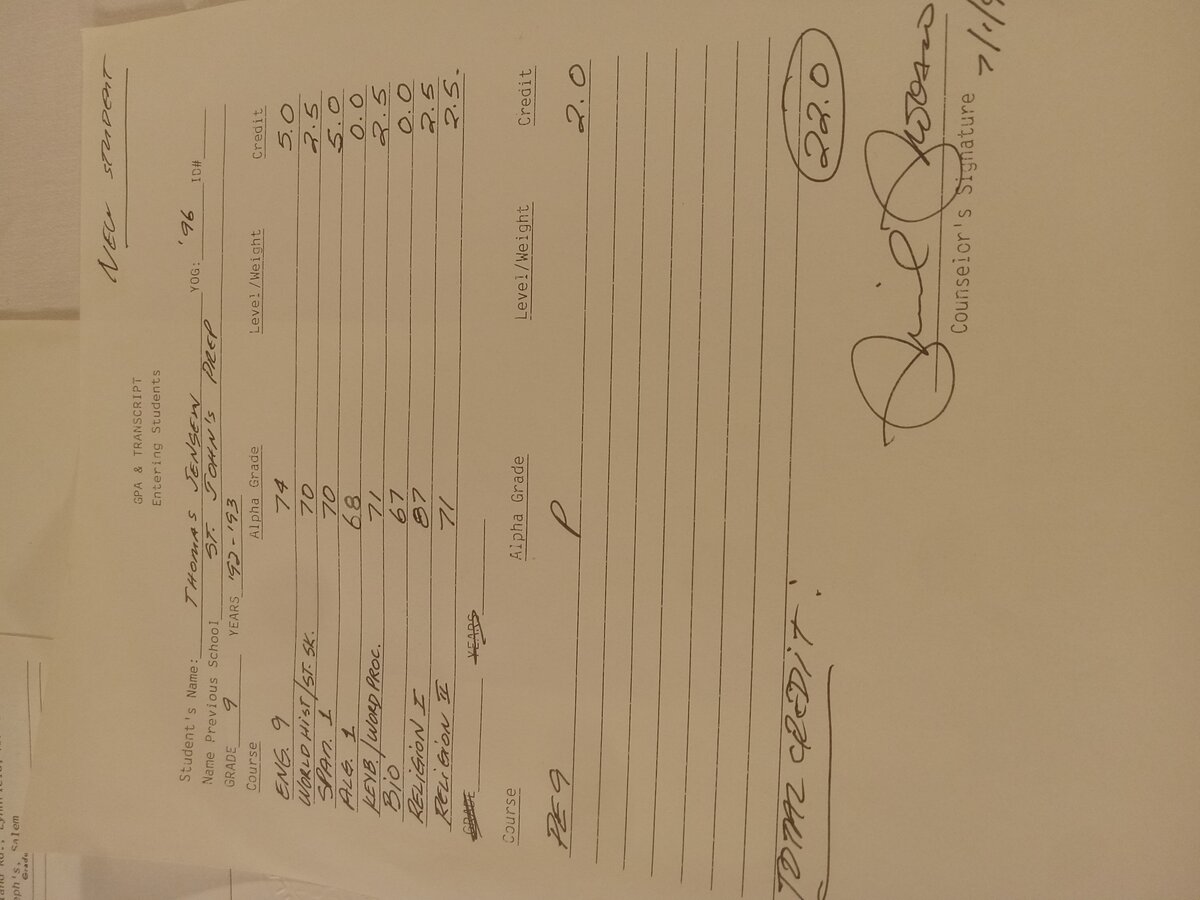 Item 1506 — ST. JOHN'S PREP GPA & TRANSCRIPT 1992-93, picture 2 of 2