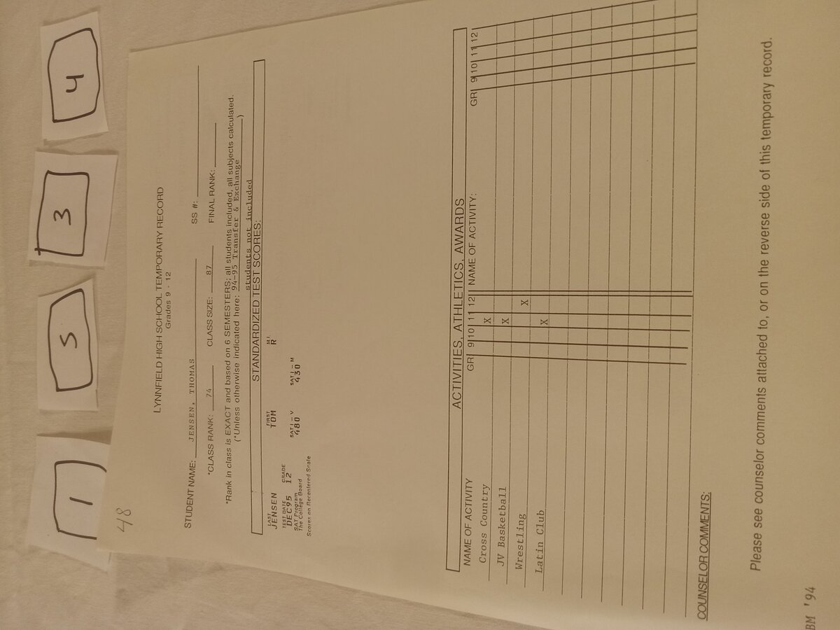Item 1534 — Lynnfield High School Records - CTP III Score Label, picture 1 of 1