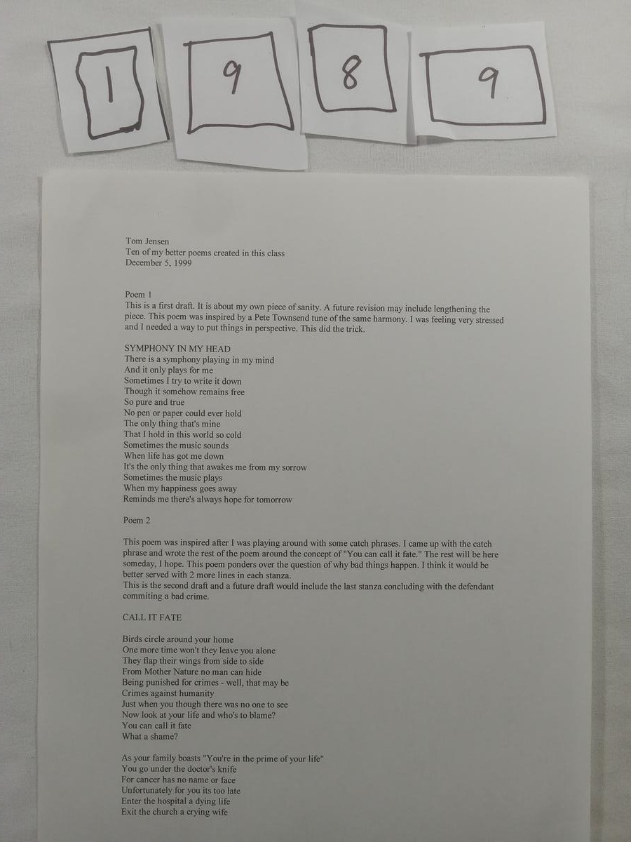 Item 1989 — Ten of my better poems created in this class (December 5, 1999), picture 1 of 4