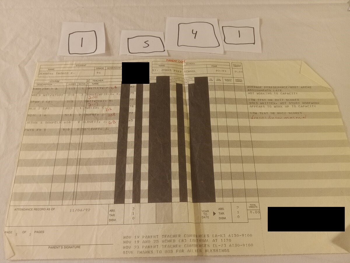 Item 1541 — ST. JOHN'S PREP REPORT CARD 1992-93, picture 1 of 1